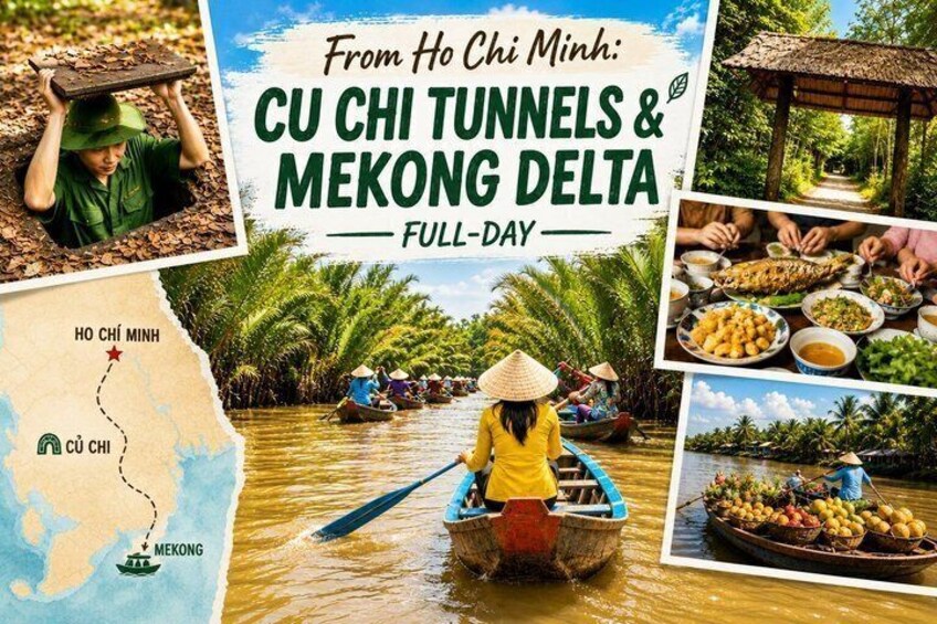 A map with Ho Chi Minh and Cuu Chi, a person in a boat, and food. 1