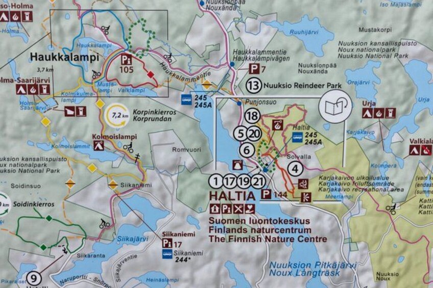 A map of Helsinki with marked locations like Haukallampi, Punjonsuo, and Nuuksio Reindeer Park. 5