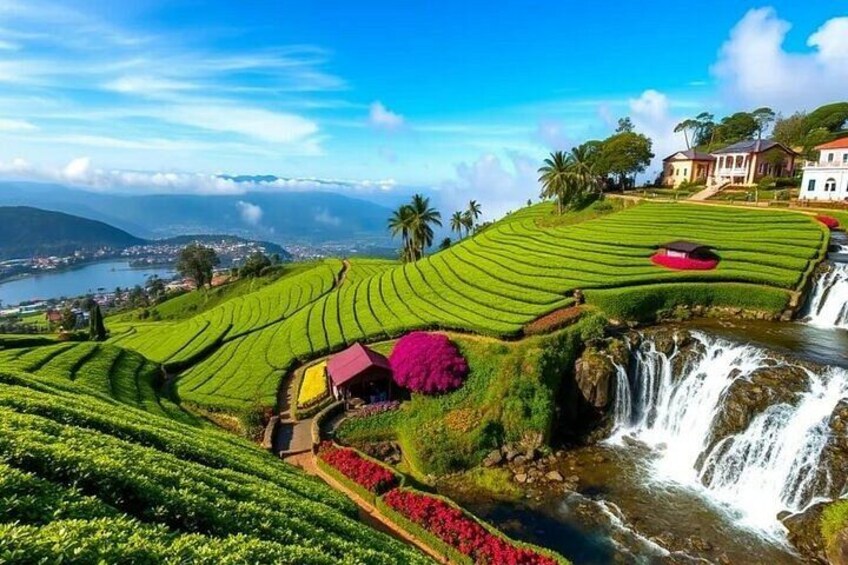Terraced tea fields, a waterfall, and a house. 4