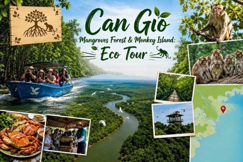 A boat tour through a mangrove forest, a monkey on a tree, and a map with a red pin. 1