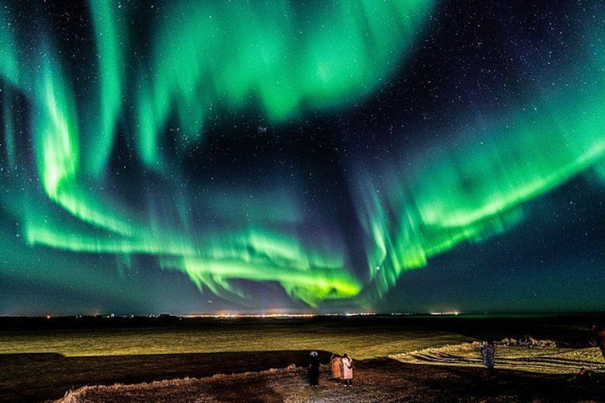 The Northern Lights over a rural landscape with a person and a dog. 1