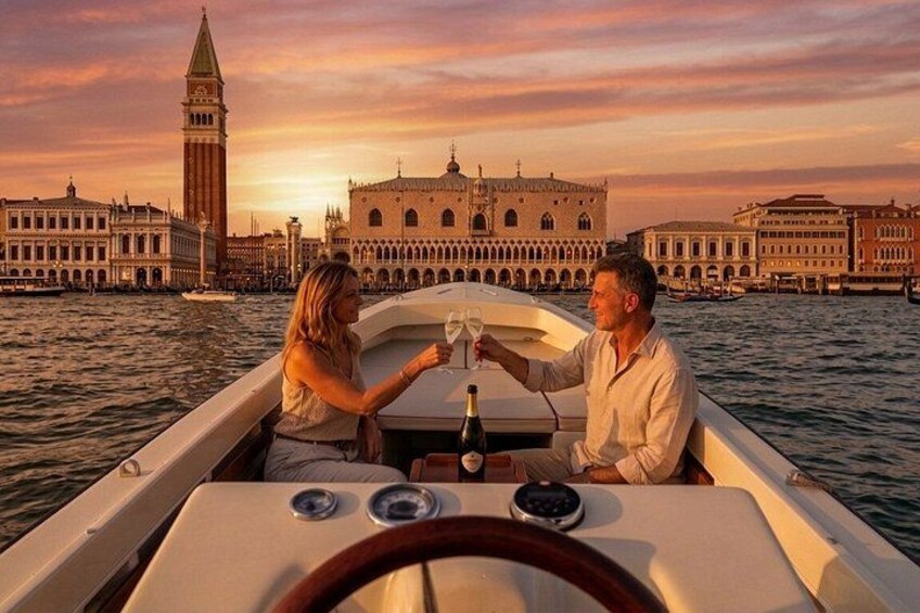 A boat with two people toasting with champagne, a historic building in the background, and the Venice skyline. 1