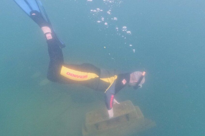 A diver in a black wetsuit with yellow accents, underwater, near a buoy. 5