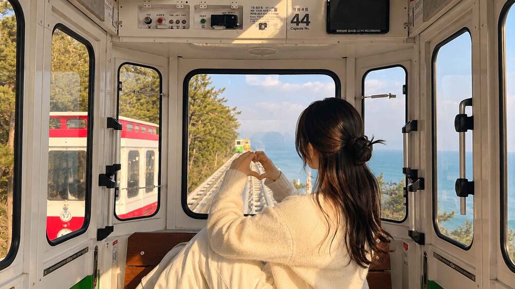 A person inside a train car looking out at a train track with another train in the distance. 1