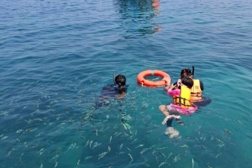 People snorkeling in clear blue water with life vests. 4