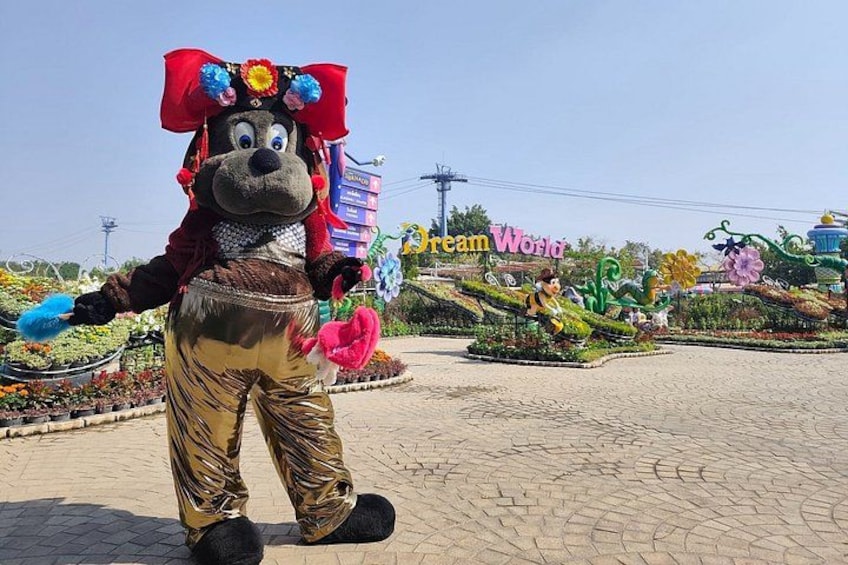 A mascot in a costume with a red hat and gold pants standing in front of a sign that reads 'Dream World.' 5