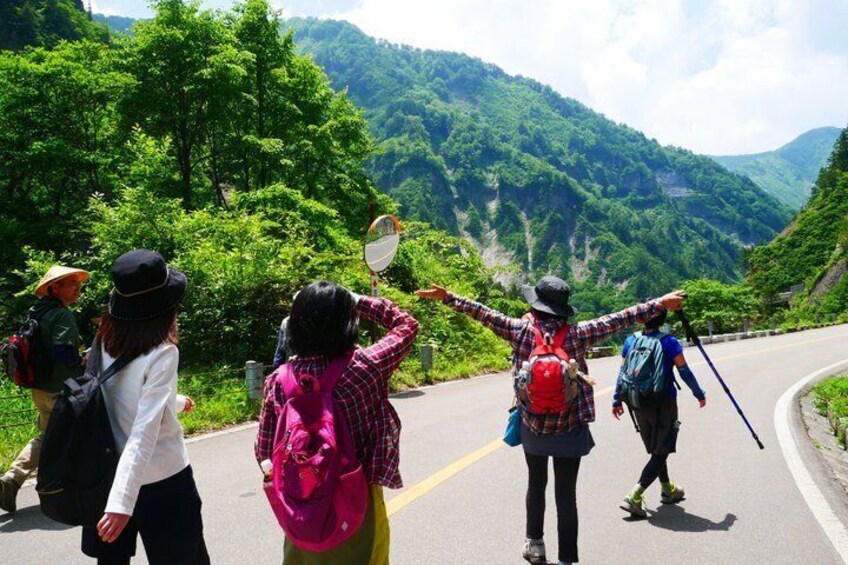 A group of hikers on a road with a mountainous landscape in the background. 1