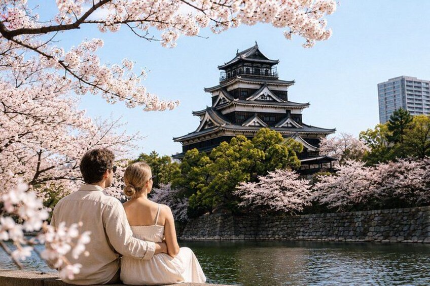 A couple sitting by a water body with cherry blossoms in the foreground and a traditional Japanese castle in the background. 1