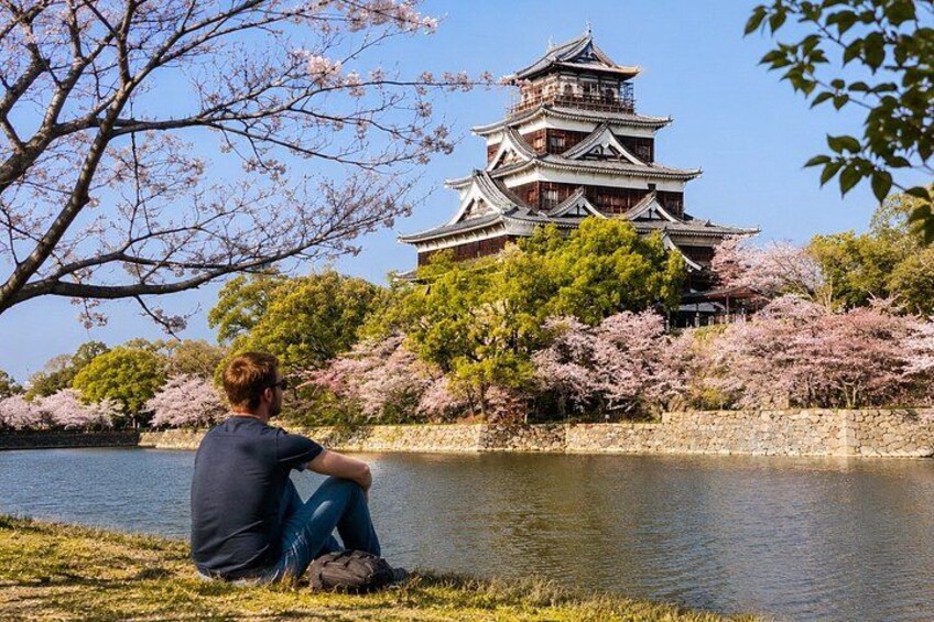 A person sitting by a lake with cherry blossoms and a traditional Japanese pagoda in the background. 5