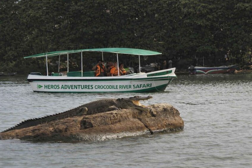 A boat named "Heros Adventures Crocodile River Safari" with passengers wearing life jackets. 3