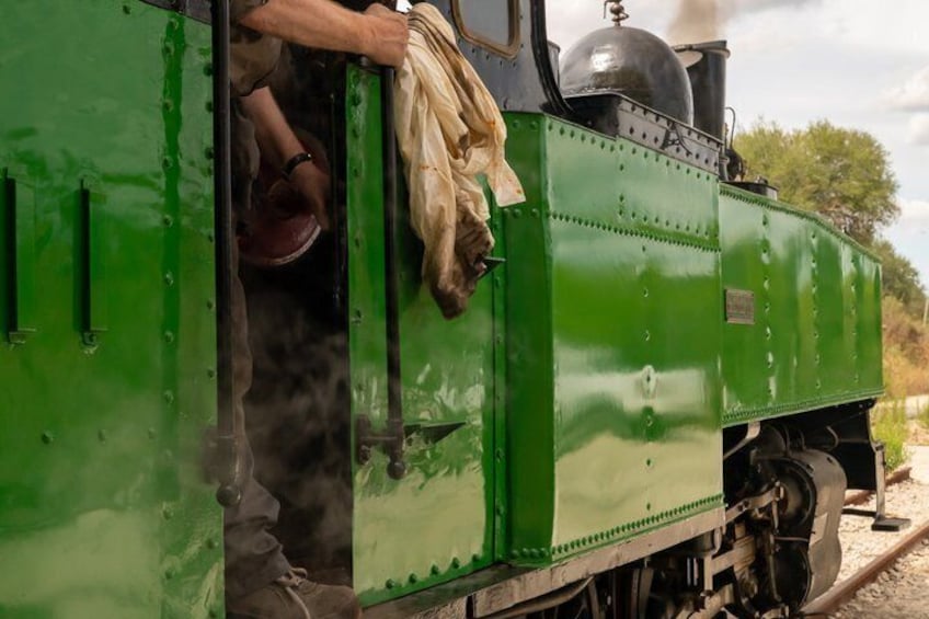 A green steam locomotive with a person standing at the open door, a large dome on top, and steam coming out of the chimney. 1