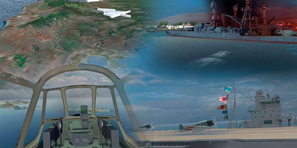 A military aircraft carrier with a helicopter and a fighter jet on deck, and a fighter jet flying over a coastal area with a ship and a small island. 4