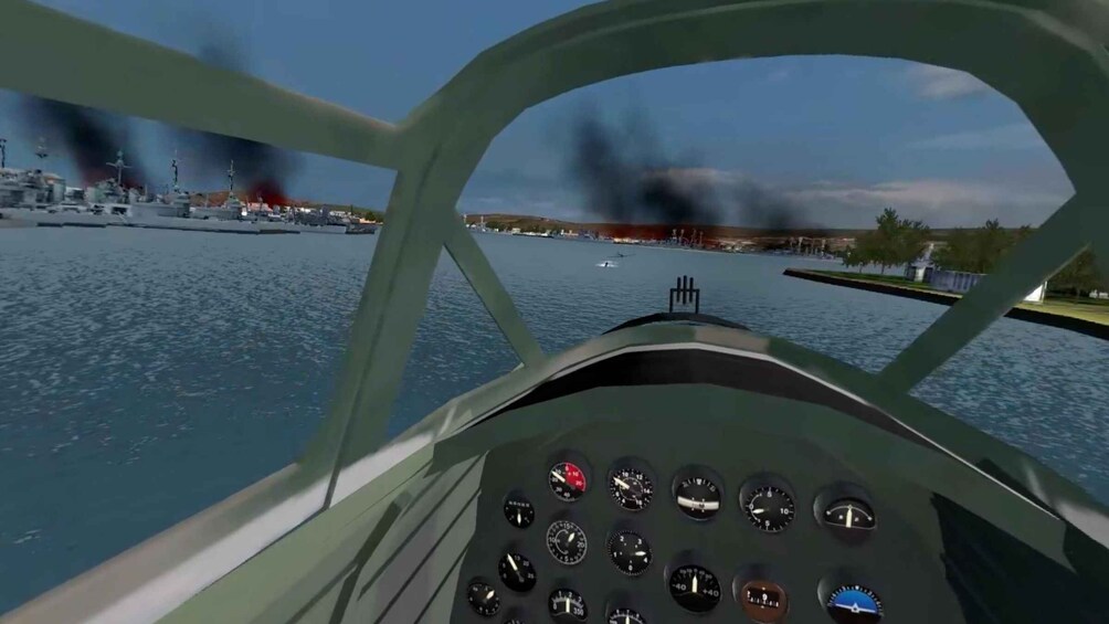 A cockpit view with multiple gauges and a view of a ship on fire in the distance. 1