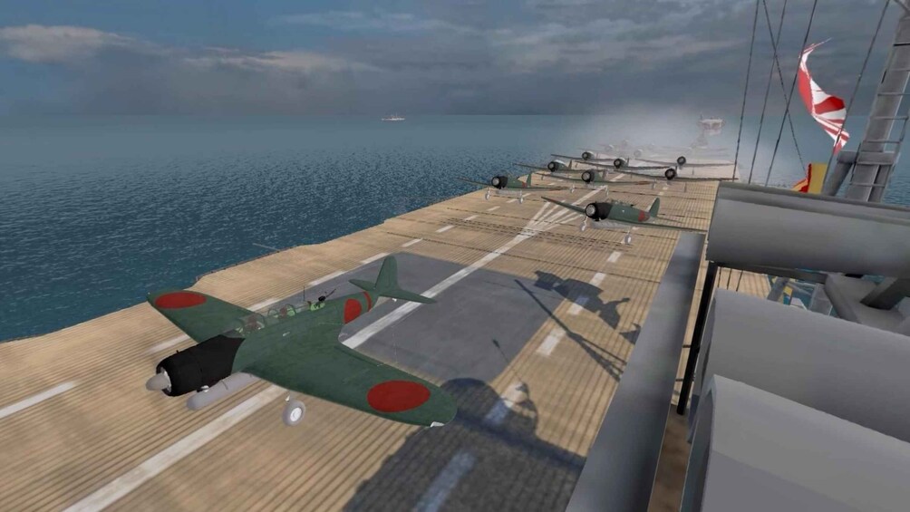 A naval ship with aircraft on deck, calm sea, and a clear sky. 5