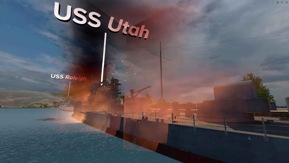 A ship with 'USS Utah' and 'USS Raleigh' text, a body of water, and a cloudy sky. 3