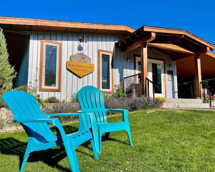 A rustic building with a sign reading 'meadow view' and two blue Adirondack chairs on the lawn. 1