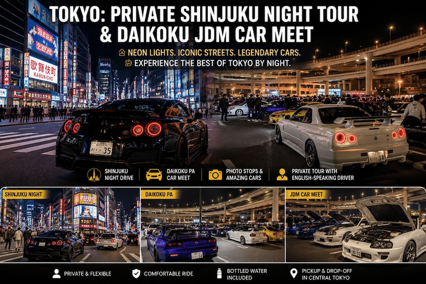 En kvällstur i Tokyo med en privat tur genom Shinjukus nattliv, ett träff för entusiaster av japanska bilar (JDM) vid Daiikoku, en tur längs ikoniska gator och möjlighet att se legendariska bilar. 2