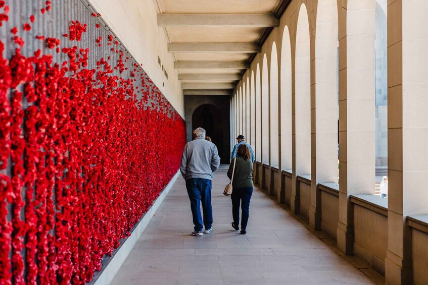 A corridor with red flowers on the left and a person walking with a child. 4