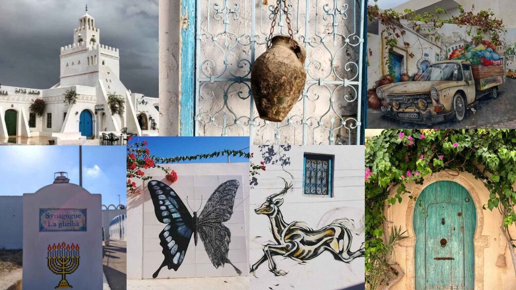 A mosque, a decorative metal gate, a vintage truck, a synagogue, a butterfly mural, a running horse mural, and a traditional door. 1