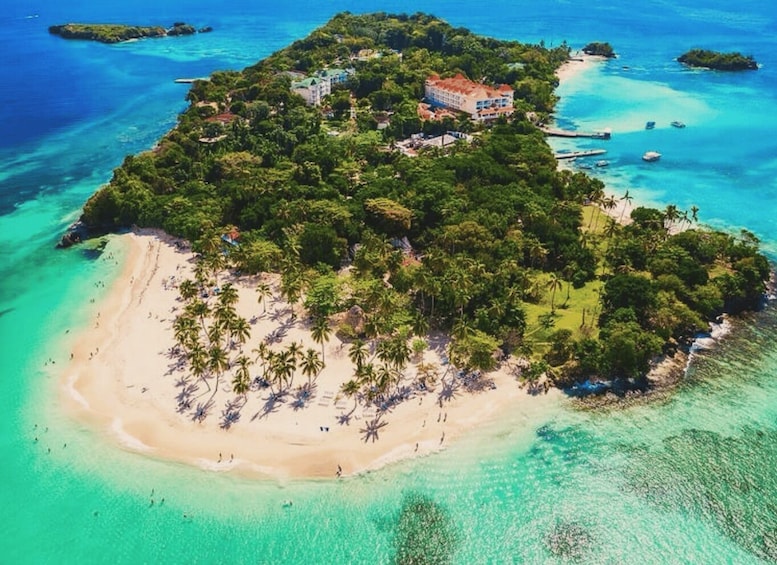 An aerial view of a tropical island with a beach, palm trees, and a resort. 4