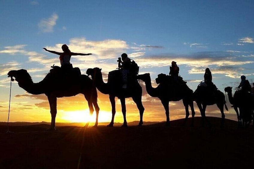 A group of people riding camels in a desert at sunset. 4