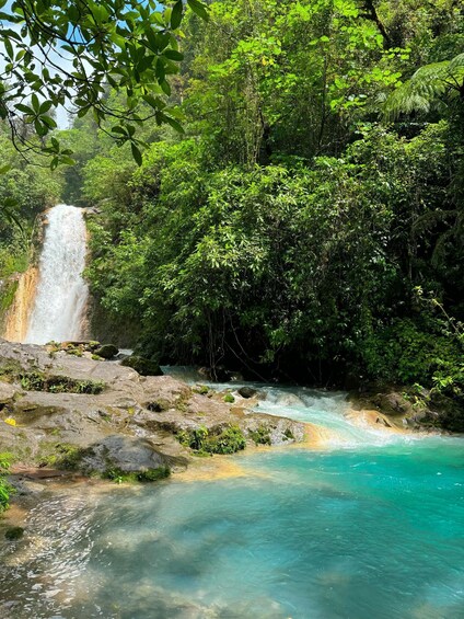 A waterfall cascading into a clear turquoise pool surrounded by dense green foliage. 2