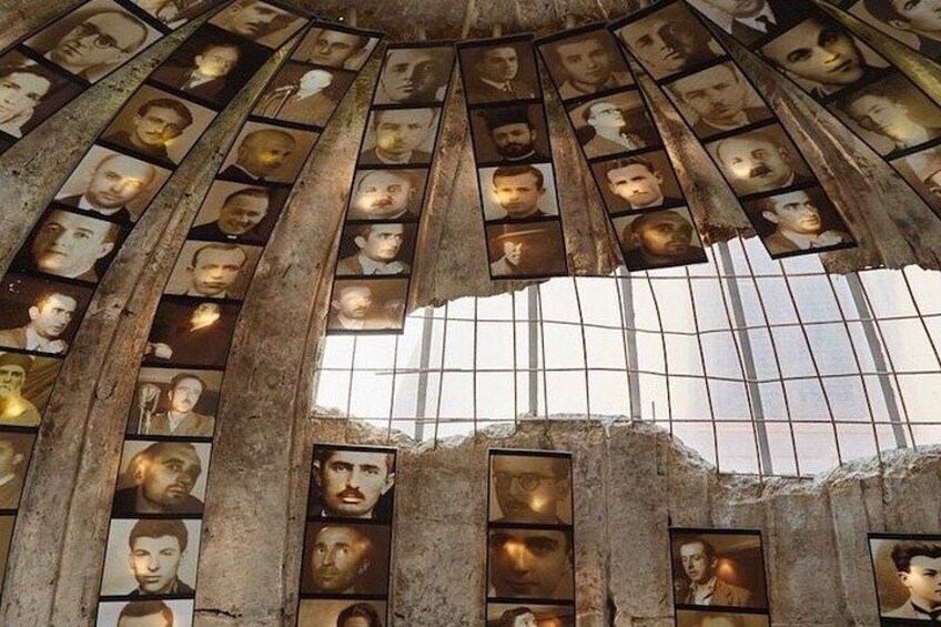 A structure with multiple panels of portraits. 2