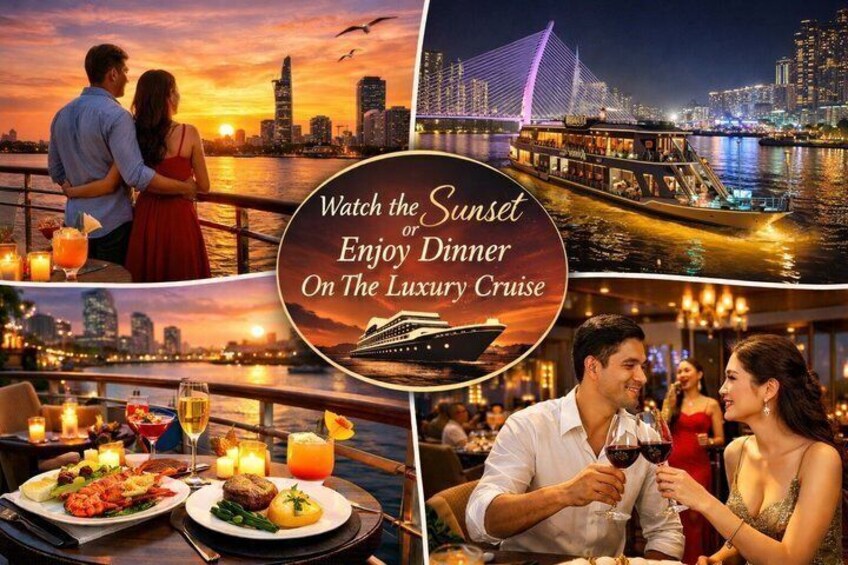 A sunset view, a luxury cruise, and a dinner setting. 1