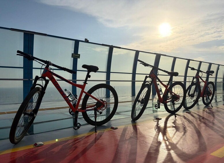 Varias bicicletas estacionadas sobre una barandilla de vidrio con vista a un cuerpo de agua. 4