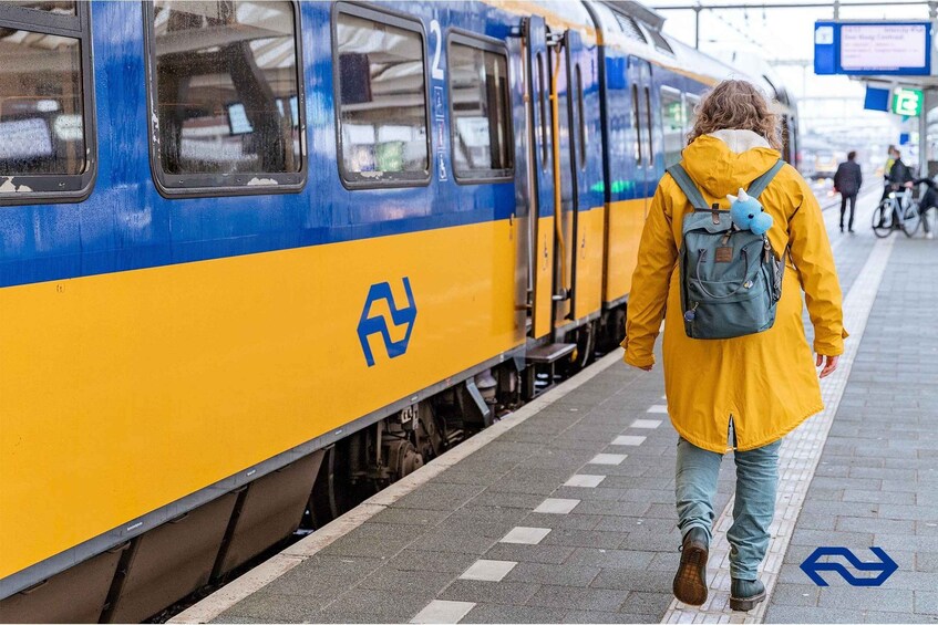 A person in a yellow coat walking beside a train with blue and yellow colors. 4