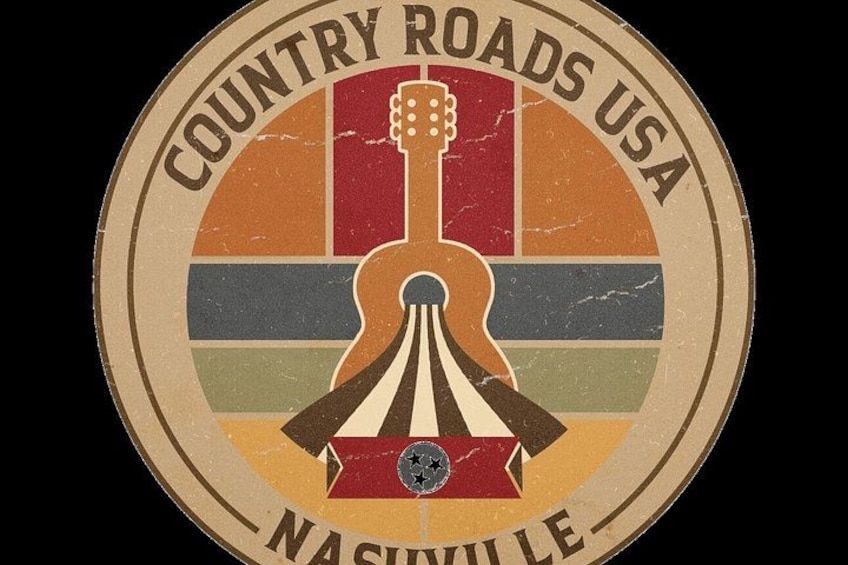 A circular emblem with a guitar, the text 'Country Roads USA,' and 'Nashville' at the bottom. 4