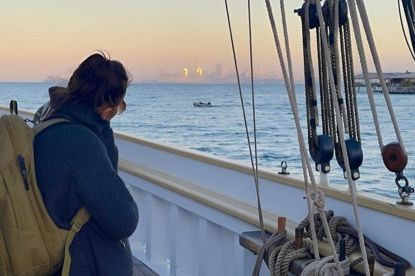 A person on a boat deck, ropes, and a distant city skyline. 3