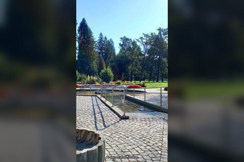 A paved walkway with a metal railing, a water feature, and trees in the background. 5