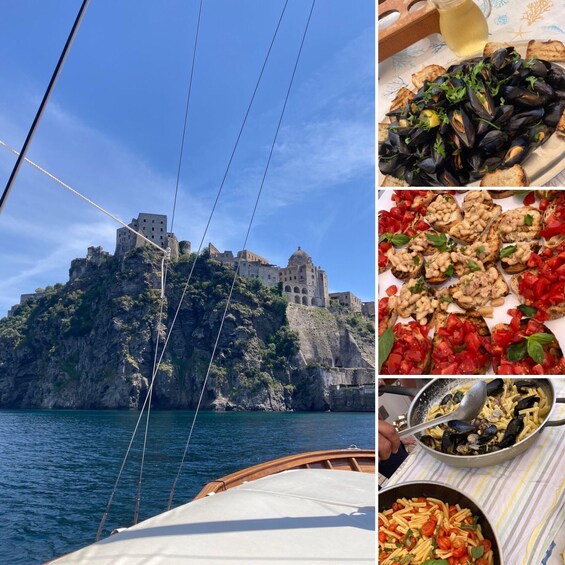 A coastal landscape with a historic castle on a cliff, a boat with ropes, and various Italian dishes. 2