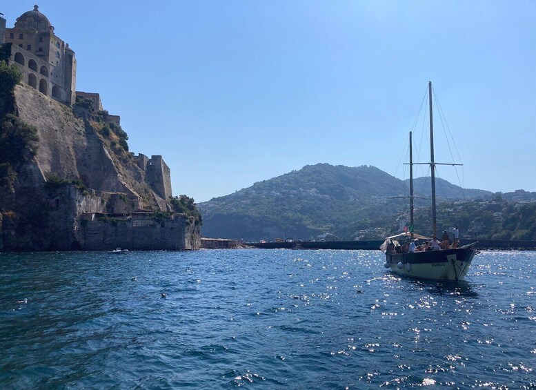 A coastal scene with a historic building on a cliff and a sailboat on the water. 3