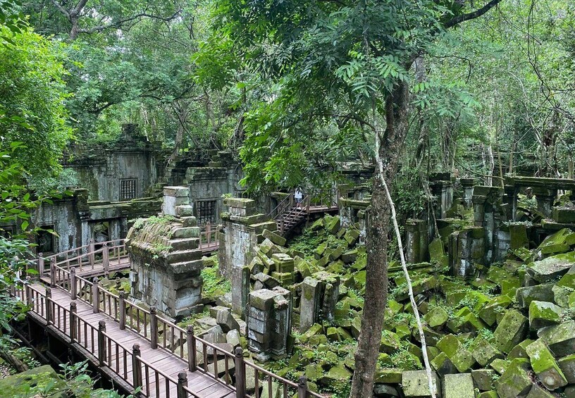 A stone bridge over a forested area with ancient ruins. 2