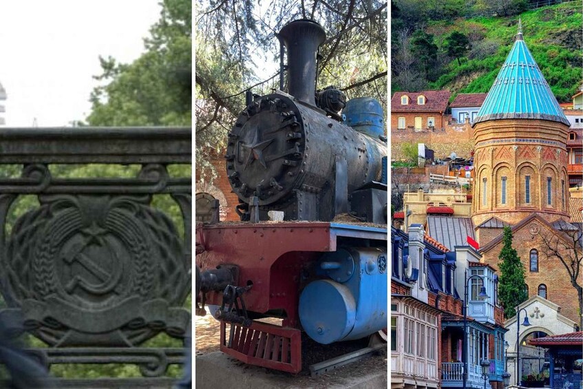 Una locomotiva a vapore d'epoca, un dettagliato recinto in metallo e una chiesa storica con tetto blu. 1