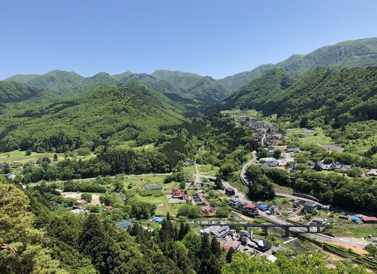 A valley with a bridge, houses, and lush green mountains. 2