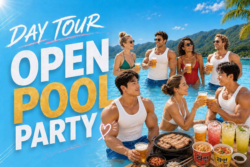 A group of people enjoying a day tour at an open pool party with drinks and food. 1
