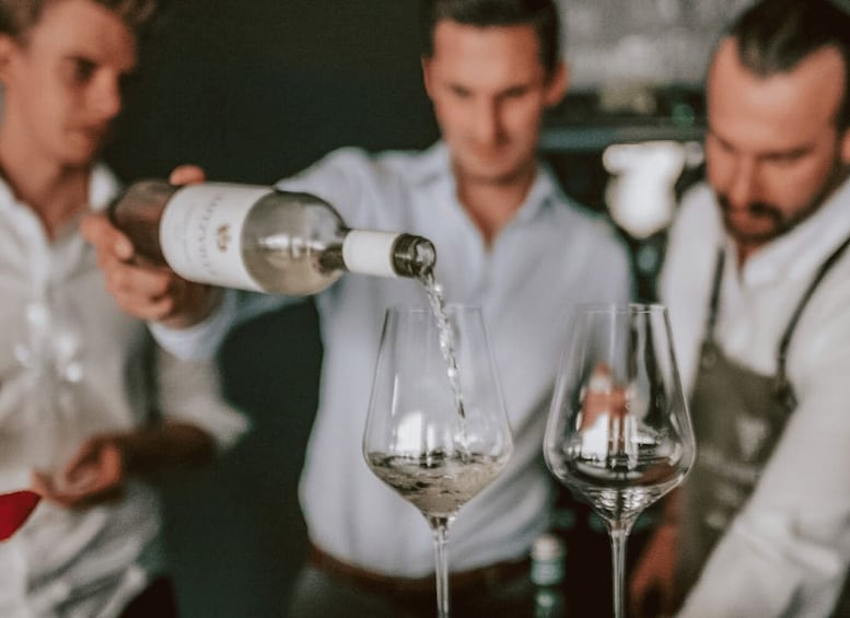 A person pouring a liquid from a bottle into a glass. 4