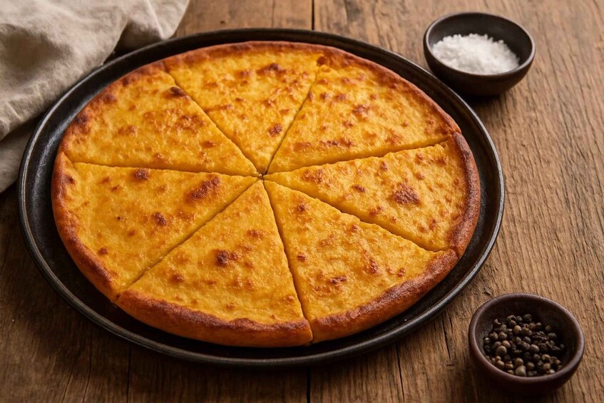 A round, golden-brown pie on a black plate, sliced into eight pieces, with a cloth and two small bowls containing salt and pepper on a wooden table. 4
