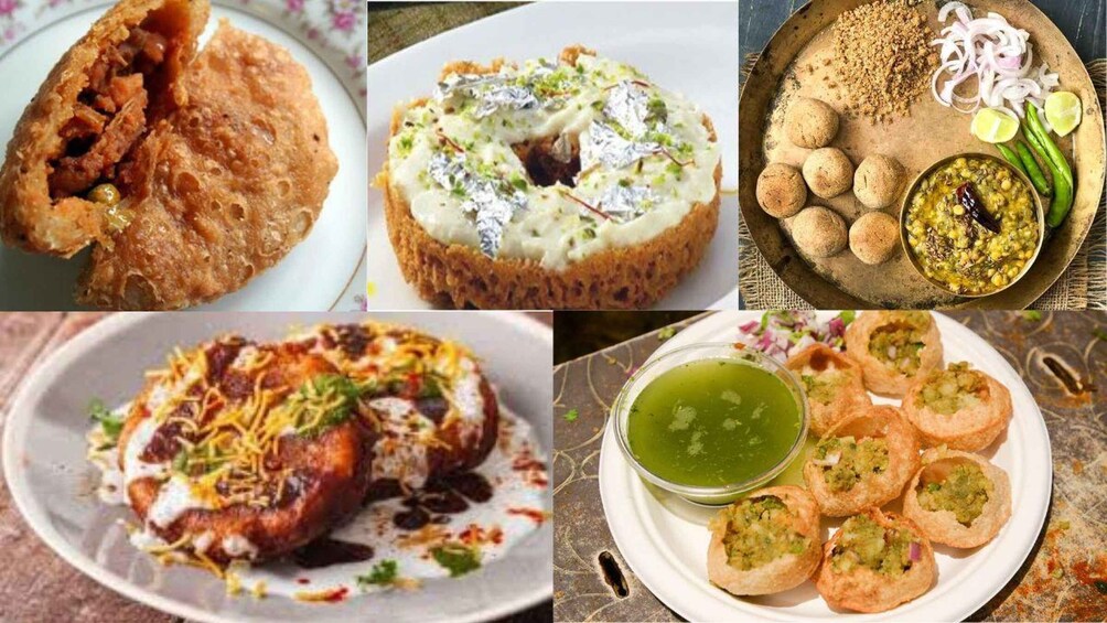 A variety of Indian dishes including a stuffed bread, a fried snack, a curry, a meat dish with sauce, and a plate of fried snacks with a green sauce. 3