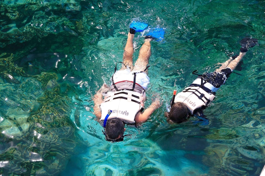 Two people swimming in clear water. 5