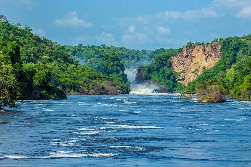 A river with a waterfall surrounded by dense green forest and rocky cliffs. 3