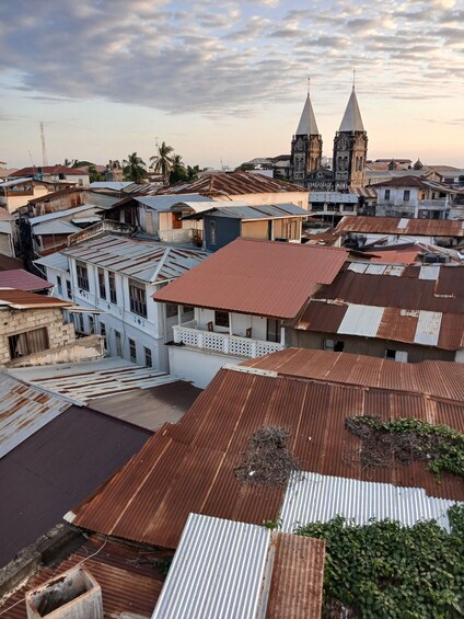A cityscape with a prominent church and two towers, surrounded by residential buildings with various roof colors. 5