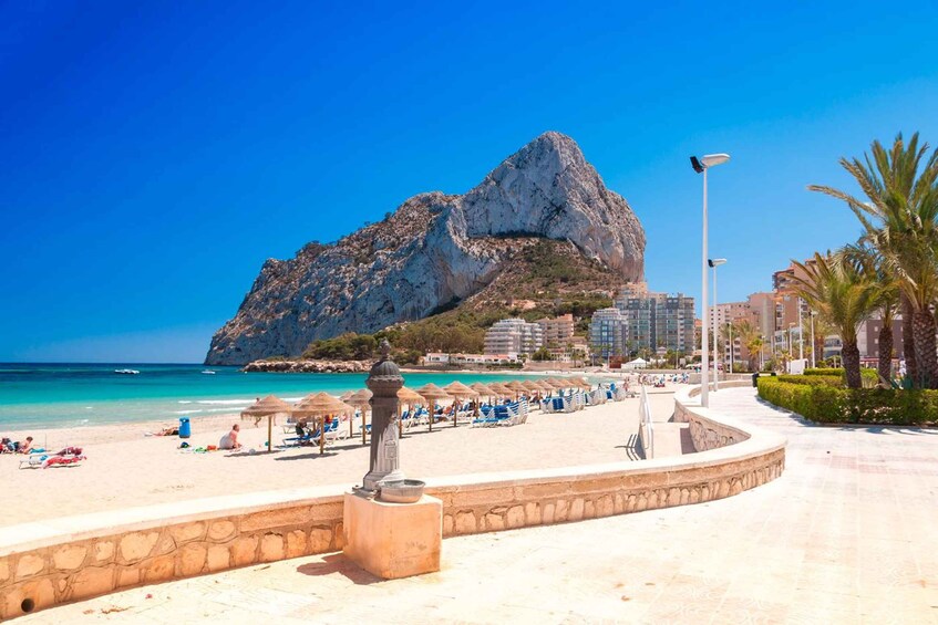 A beach with a rocky mountain, clear blue water, and a promenade with palm trees. 1