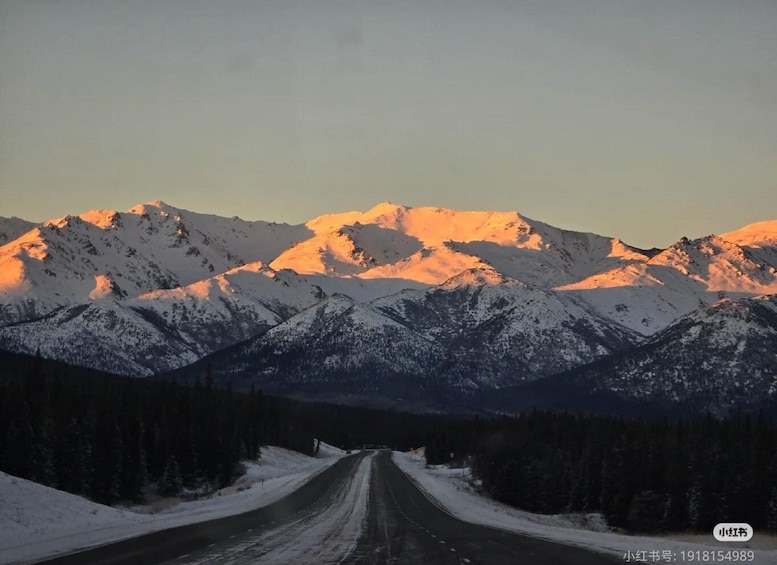 A snow-covered mountain range with a road leading through a forest. 4