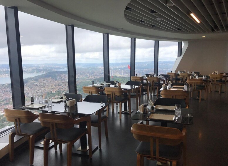 A restaurant with large windows offering a city view. 4
