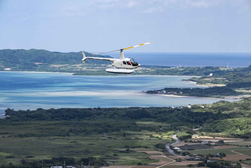 A helicopter flying over a coastal landscape with a clear view of the ocean and green hills. 3