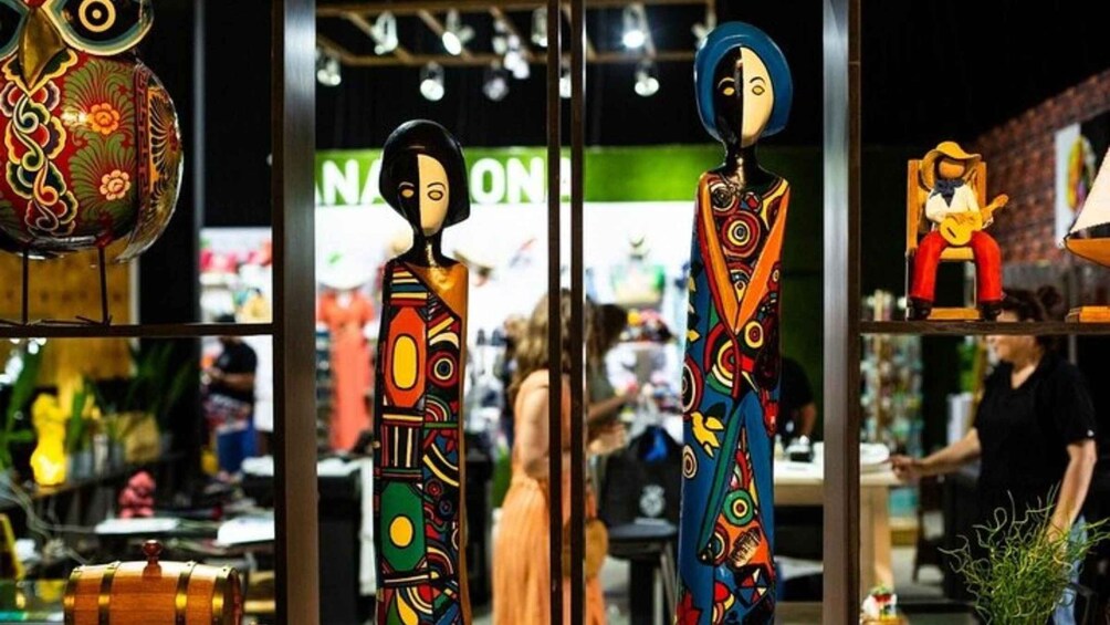 A store with colorful, abstract art pieces on display. 3